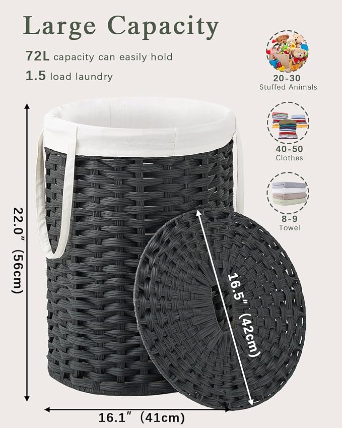 SETVSON Laundry Hamper with Lid, Round PE Rattan Basket, Black | 72L Compact Clothes Organizer with Lid, Removable Inner Bag with Handles, 2 Mesh Wash Bags, Space-Saving Storage Hamper - Image 4