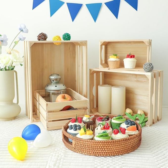 Large Wooden Crates Unfinished Set of 4 Storage Crates, Decorative Wood Storage Crate for Display Rustic, Nesting Wooden Container Boxes Made from 100% Wood - Image 5