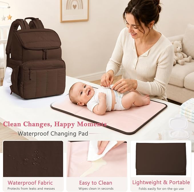 Puffy Diaper Bag Backpack for Mom, Lightweight Quilted Baby Bag with Waterproof Changing Pad, Large Travel Diaper Backpack with Insulated Bottle Pockets, Wipes Pocket, Stroller Straps - Image 5