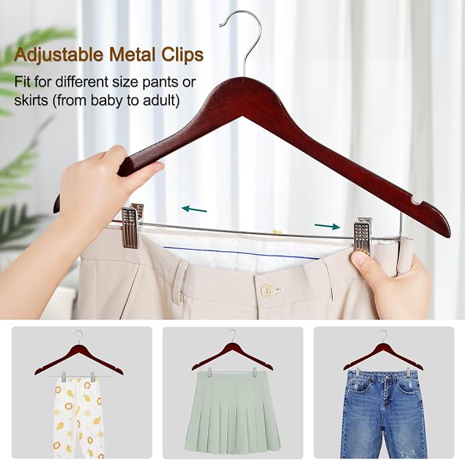 TOPIA HANGER Wooden Suit Hangers with Adjustable Metal Clips (20 Pack), Solid Wood Clothes Hangers, 360° Swivel Hook, Premium Retro Finish Pants Hangers for Clothes Coat, Jeans, Blouse- Cherry CT28M20 - Image 4