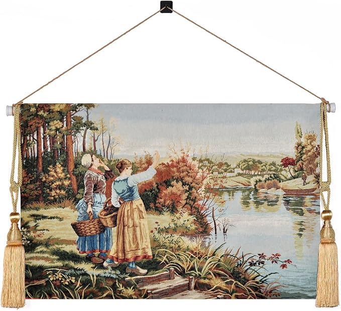 AureoMadis Vintage Pastoral Tapestry Wall Hanging Art 41.5x27, Medieval/Victorian Landscape Forest Scene Woven Decor, Jacquard Fabric Complete Set with Adjustable Rod, Tassels by Unknown