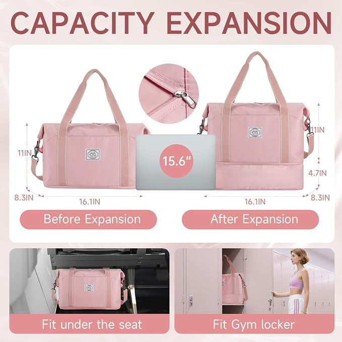WALNEW Travel Duffel Bag, Weekender Overnight Bag for Women, Pink | Carry On Bag, Foldable Waterproof Gym Luggage with Metal Buckle Detachable Shoulder Strap and Wet Compartment - Image 2