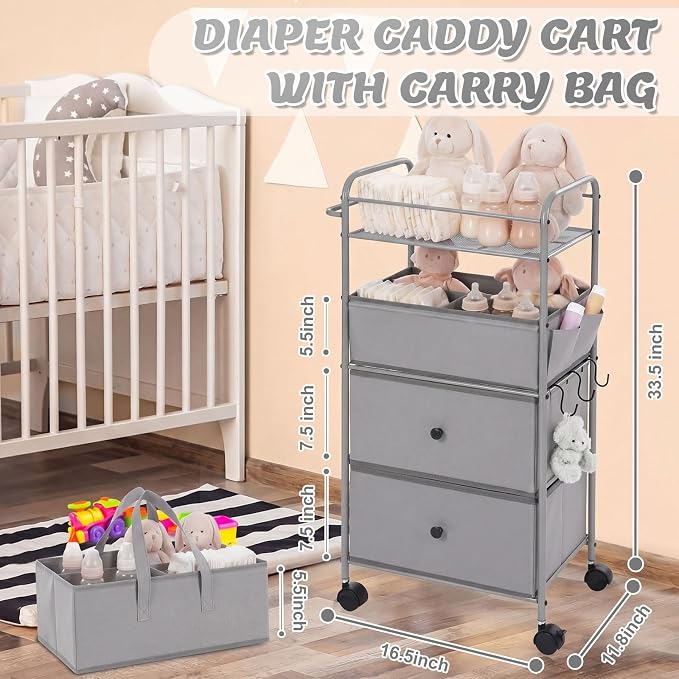 FoldTier 3In1 Baby Diaper Caddy Organizer Cart 4 Tier Large Capacity Metal Utility Bedside Rolling Cart with Divider Newborn Registry Nursery Essential Must Have Bedroom Gift Baby Shower(Gray) - Image 2