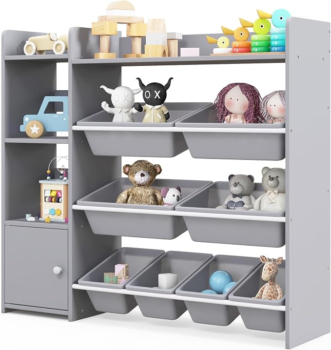Costzon Kids Toy Storage Organizer, 4-Tier Kids Bookshelf Storage Cabinet w/8 Removable Bins, Preschool Children's Montessori Bookshelf w/Large Cabinet for Playroom, Daycare, Kids Room, Classroom by Costzon