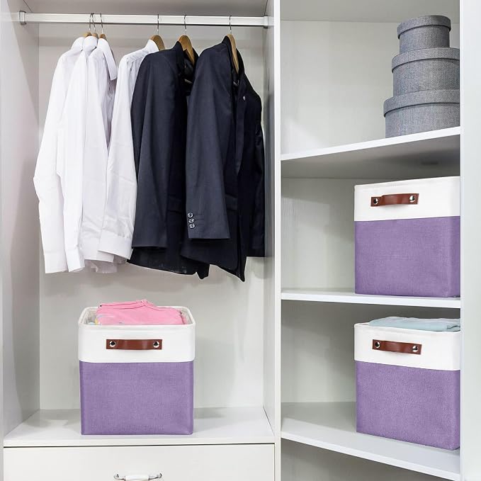 Collapsible Fabric Storage Cubes 11x11 Cube Storage Bins, 4 Pack Closet Baskets Box with Handles for Organizing, Shelf, Toys, Clothes, Home, Office, Nursery (Purple&White) - Image 3