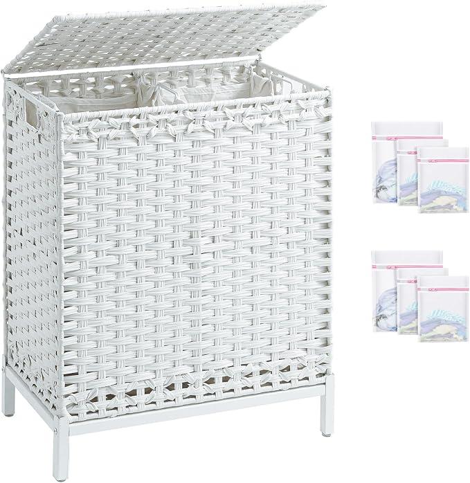 SETVSON Laundry Hamper with Lid, 112 L Handwoven Rattan, Cloud White | 2-Section Large Basket, 2 Removable Liner Bags, 3.34-In Heightened Metal Feet, 6 Mesh Laundry Bags, Side Handles by SETVSON