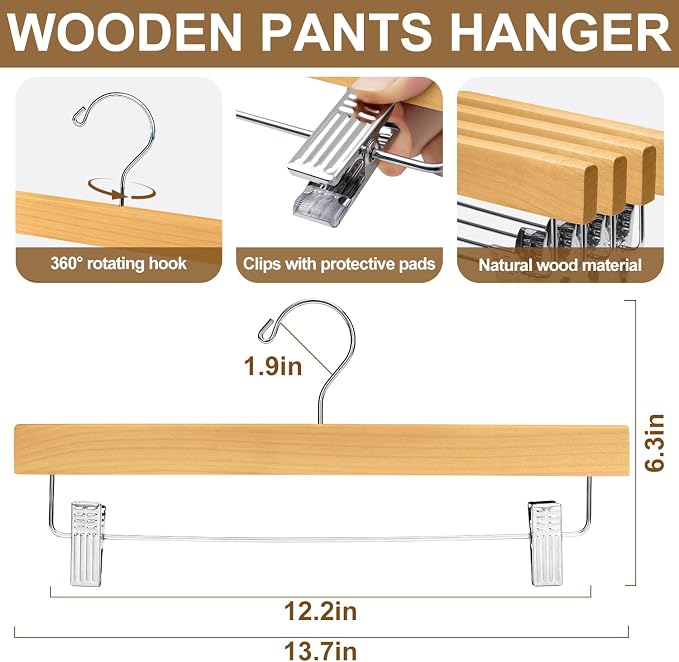 BAGAIL 20 Pack Wooden Pants Hangers with Adjustable Clips, 360°Swivel Hook Space Saving Skirt Holders with Anti-Rust Clips for Trousers, Jeans, Shorts (Natural) - Image 2
