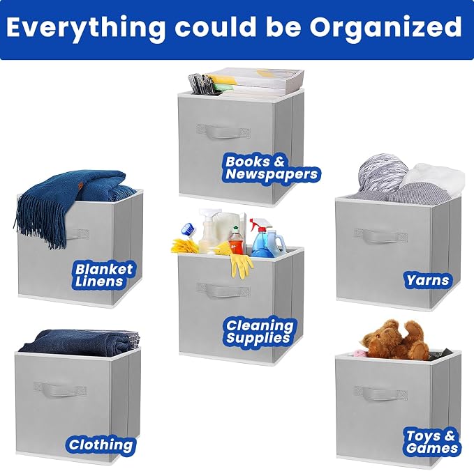 Storage Cubes, 11 Inch Cube Storage Bins for Shelves (10 Pack), Fabric Collapsible Storage Bins with Dual Handles, Foldable Cube Baskets for Magazines, Closet Organizers and Storage Box (Grey) - Image 3