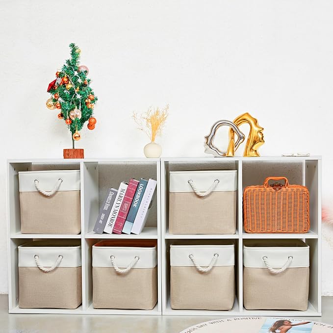 MidmmVick 12 x 12 Inch Cube Storage Bins, 6 Pack Large Collapsible Fabric Storage Bin with Ropes, Foldable Storage Cubes for Home, Office,Closet, Clothes, Toys Organizer (White & Beige) - Image 2