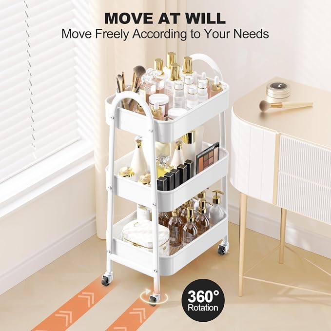 3 Tier Rolling Cart Under Desk, Large Metal Storage Cart with Handle and Lockable Wheels, Big Multifunctional Storage Organizer Trolley for Kitchen, Living Room, Office, Garage (White) - Image 4