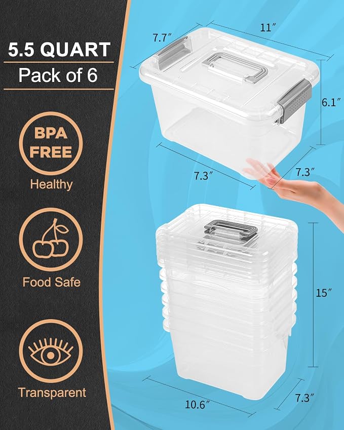 EOENVIVS Plastic Storage Bins 7 Quart-Storage Organizer Bins with Grey Buckle Lids, Stackable Storage Bins with Lids for Home Office Kids Room Closet School Art Supplies Organization,6 Packs, Clear - Image 2