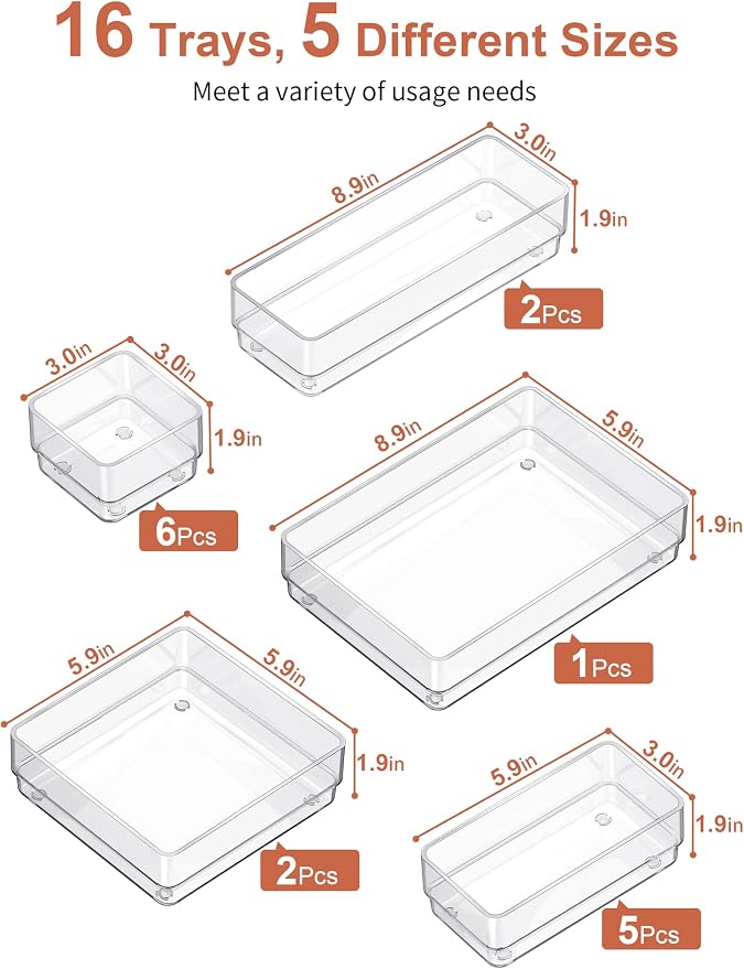 SMARTAKE 16 PCS Drawer Organizer, 5-Size Desk Bathroom Drawer Organizer | 5-Size Storage Tray with Non-Slip Silicone Pads for Makeup, Jewelries, Utensils in Bedroom Dresser, Office and Kitchen, Clear - Image 2