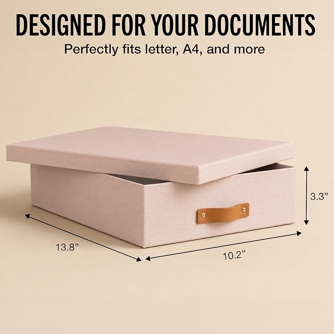 Bigso Oskar Fiberboard Document Storage Box with Lid for A4 and Letter Size Papers - Stylish, Sturdy, and Stackable Keepsake Box with Leather Handle - W10.2in x D13.8in x H3.3in - Pink Rose - Image 4