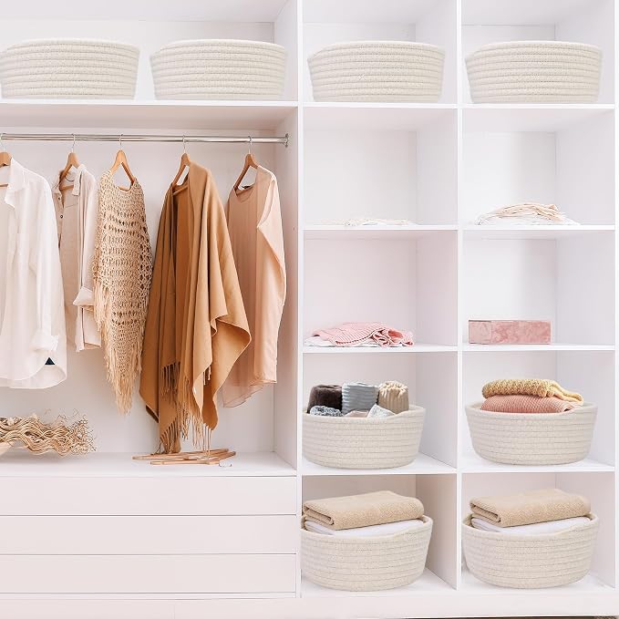 4 Pack Small Woven Storage Baskets with Gift Bag and Ribbon for Organizing Woven Natural Cotton Rope Bin Round Boho Empty Decorative Gift Chest Basket Box for Bathroom, Closet, Shelf Organizer (White) - Image 7