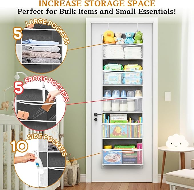 2P 5Tiers Over Door Organizer,Weekly Clothes Organizer for Kids | 5 clear PVC front pockets, 10 mesh side pockets, weekly outfit planner, for kids, dorm, entryway, RV, 50 lbs capacity - Image 8