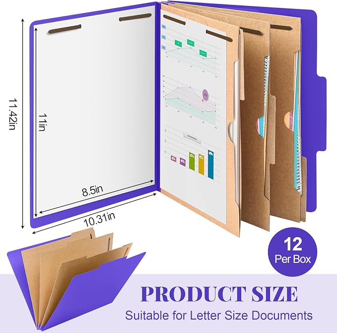Skyygemm 12 Pcs Classification Folders 3 Pocket Dividers Letter Size Employee File Folder with 2 Prong Fasteners 2 in Expansion Pressboard Medical Document Organizers Bulk for School Office(Purple) - Image 2
