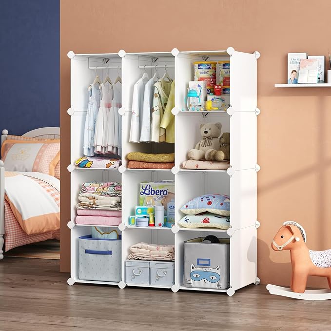 VIPZONE Baby Closet,Dresser, Kids Closet Organizers, Portable Kids Wardrobe for Closet, Bedroom, Nursery, Cubby, Cabinet, Clothes, Dress, Baby Storage Shelf, Armoire Clothes Hanging (12 Cube, White) - Image 6