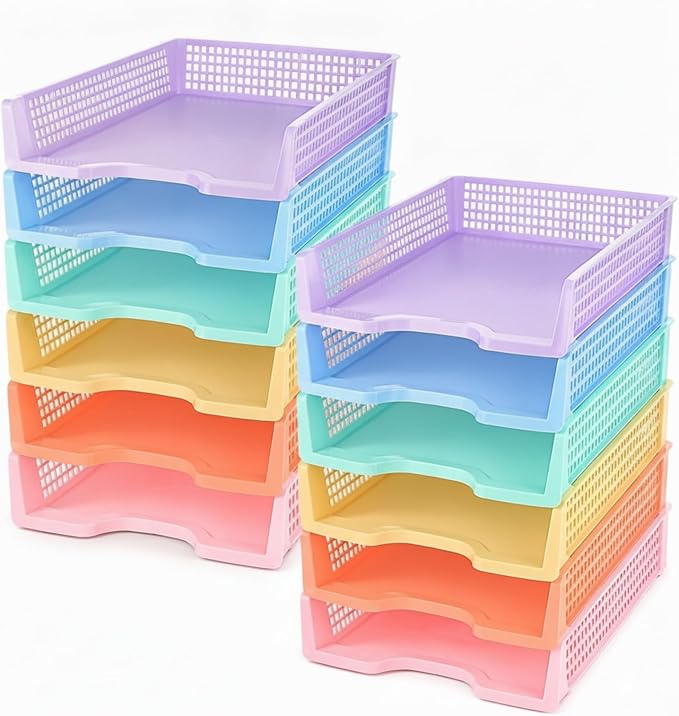 Teenyyou Set of 12 Colorful Turn in Trays Classroom Plastic Stackable Paper Tray Classroom Teachers Desk Organizer Bin for Office Home Teachers Organization and Storage,9 x 13 x 3 Inches(Morandi) by Teenyyou