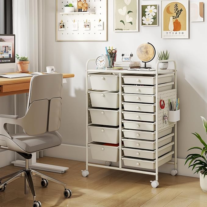 DREAMADE 15-Drawer Rolling Storage Cart, Craft Organizer Cart, White | Mobile Utility Cart with Metal Pegboard Panels, Tabletop and Lockable Wheels for Classroom, Office, Studio and Playroom - Image 2