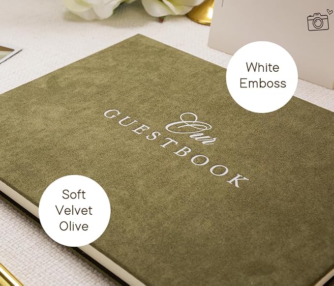 Velvet Photo Guest Book Set (Olive) - Photo Corner Stickers, Gold Pen, Sign | Green A4 Hardcover 11.5 x 8.5 Memory Book | Our Guestbook | Engagement Bridal Shower Wedding Ceremony Reception Keepsake - Image 4
