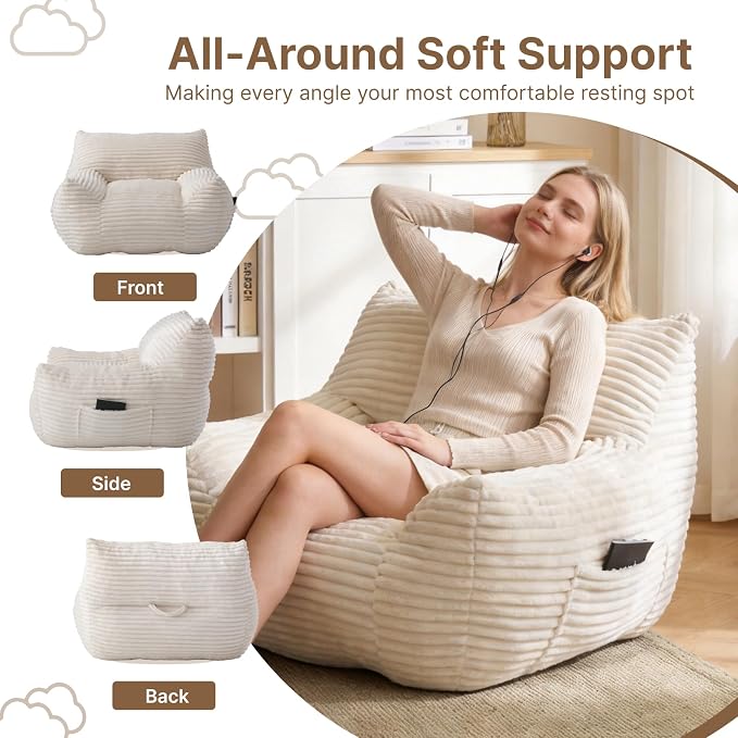 Bean Bag Chair for Adults & Kids, Giant Bean Bag Sofa with Side Pocket, Corduroy Beanbag Chair with Armrests, Comfy Stuffed Floor Sofa for Living Room Bedroom Dorm, White - Image 7