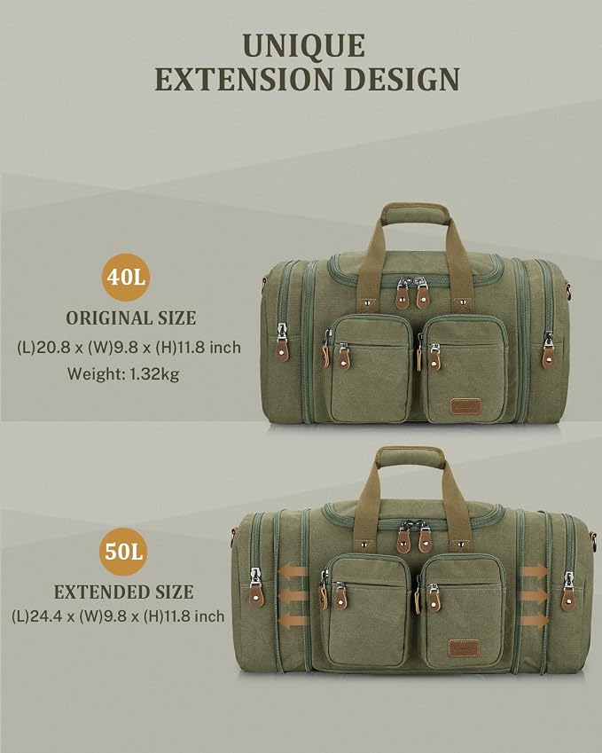 Gonex Duffle Bag for Travel, Expandable 50L Overnight Weekender Gym Bag | Water-Resistant Canvas, Wet-Dry Pocket, Luggage Sleeve, Carry-On Size, Detachable Strap, Army Green - Image 3