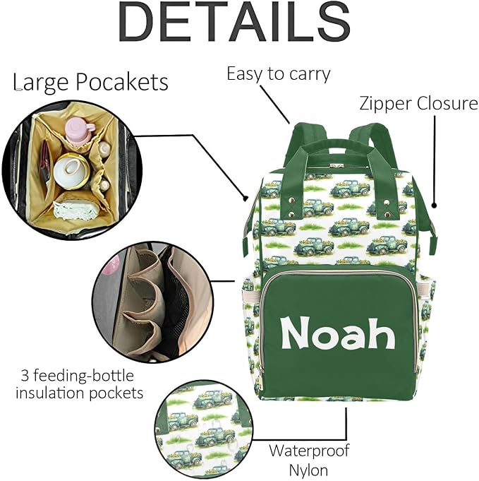 Personalized Green Truck Diaper Bag Backpack with Custom Name – Waterproof Multi-Pocket Baby Nappy Bag for Moms and Dads – Large Capacity Travel Backpack & Shower Gift for Baby - Image 5