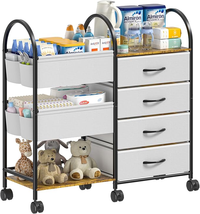Baby Diaper Caddy Organizer Cart with Wheels, 4-Tier Rolling Diaper Cart with Dividers and Drawers, Multi-Layer Nursery Storage for Diapers & Baby Essentials by Nylaira