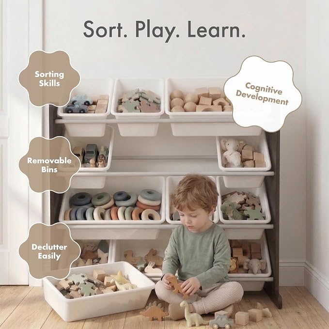 Humble Crew Kids Toy Organizer with 12 Bins, 4 Tier Storage for Playroom | Sturdy wood and steel toddler shelf, removable BPA-free containers, wall anchor anti-tip safety kit for bedroom or classroom - Image 6