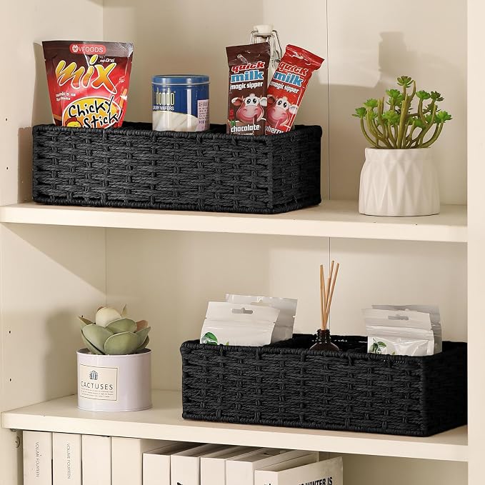 3 Section Wicker Storage Basket, Hand-Woven Paper Rope Wicker Baskets for Organizing, Toilet Tank Basket, Black Baskets for Bathroom, 2-Pack, Black - Image 4
