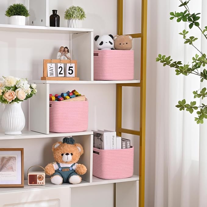 3 Pack Cube Storage Bin, 9”x9”x7” Cotton Rope Woven Baskets for Organizing Toys Clothes Towels, Square Gift Storage Baskets for Shelves, Nursery, Closet, Bathroom, Pantry (Pink) - Image 3