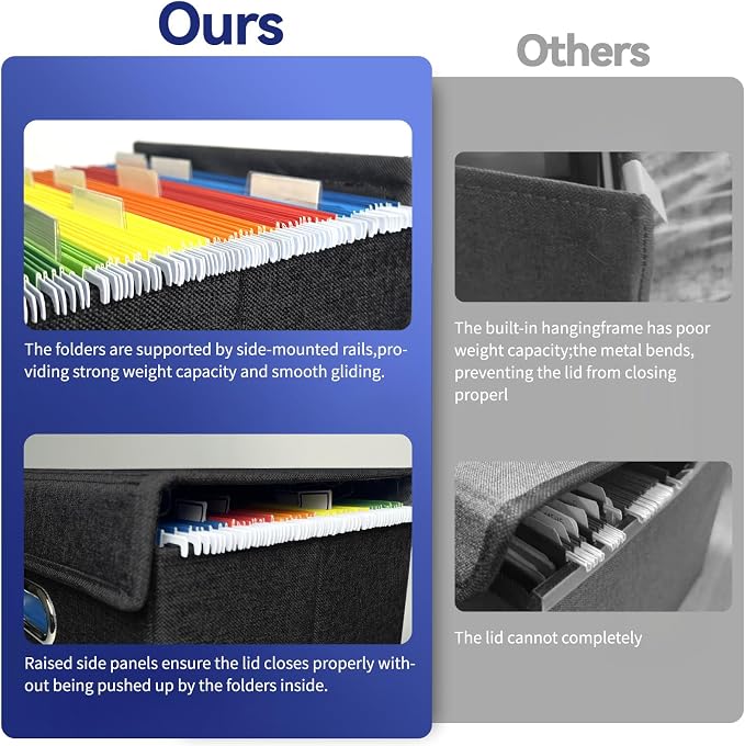 2 Pack Hanging File Folder Box with Lid, Durable Letter Size Filing Storage Box, Sturdy File Holder with Cardboard Support PVC Rails for Office Home Organizer, Black - Image 5