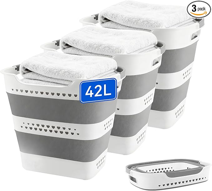 3 Pcs 42L Medium Collapsible Plastic Laundry Basket with Handles, Foldable Laundry Basket Hamper, Pop Up Storage Container Organizer for Washing Storage (Gery, 17 Inch * 13 Inch * 15 Inch) by Unknown