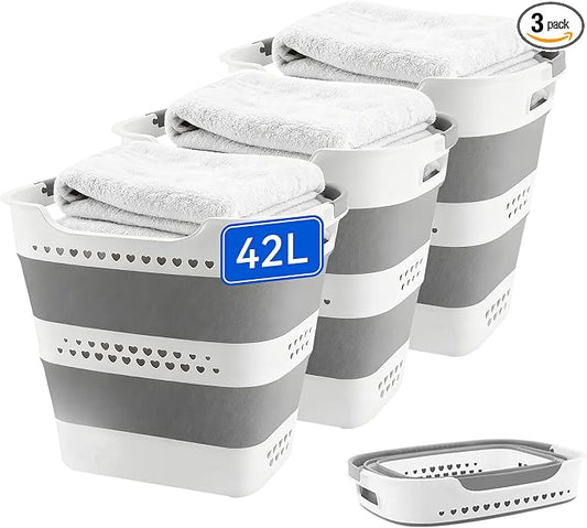 3 Pcs 42L Medium Collapsible Plastic Laundry Basket with Handles, Foldable Laundry Basket Hamper, Pop Up Storage Container Organizer for Washing Storage (Gery, 17 Inch * 13 Inch * 15 Inch) by Unknown