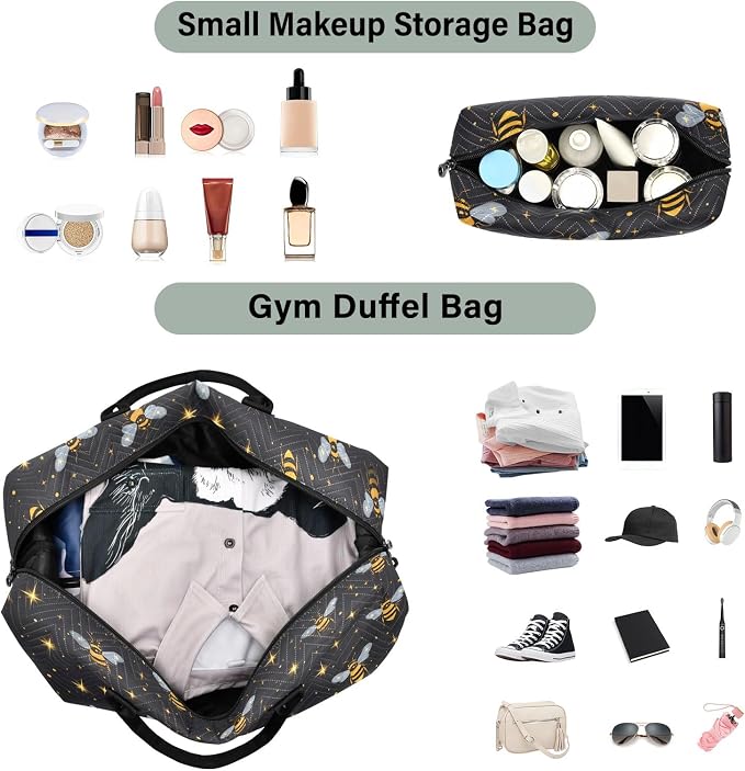 Large Travel Duffel Bag Sports Tote Gym Bag Overnight Weekender Bags Golden Bee Queen Crown Pattern Carry On Luggage with Toiletry Bags - Image 4