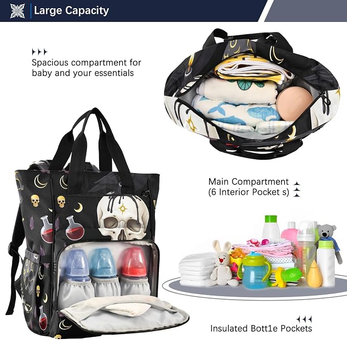 MNSRUU Goth Skull Moth Multifunction Travel Diaper Tote Changing Backpacks for Moms Dads - Image 5