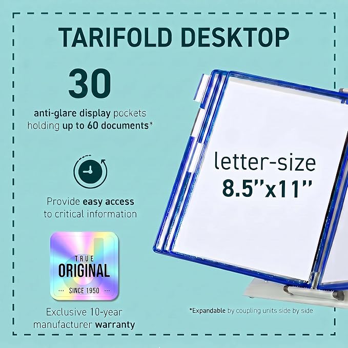 Tarifold Desktop Reference Display System, 30 Pockets, Expandable, Blue | 30 Double-Sided PVC Pockets, Holds 60 Letter-Size Sheets, Sturdy Metal Base, Quick-Find Indexing, Quick and Easy to Assemble - Image 2