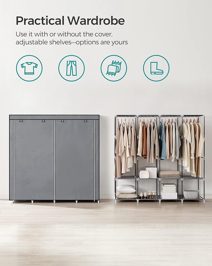 SONGMICS Portable Closet with Cover, 4 Hanging Rods and Shelves | Wardrobe Closet Organizer, 4 Side Pockets, 17.7 x 66.9 x 65.7 Inches, Dove Gray, Rylan Collection URYG094G02 - Image 3