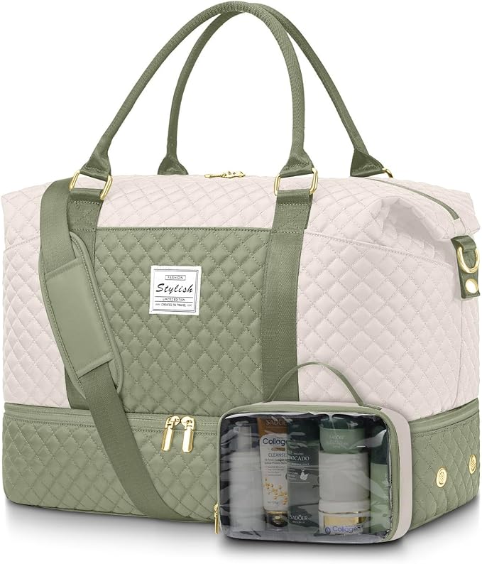 Weekender Bags for Women Duffle Bag - Travel Duffel Bag with Shoe Compartmen Carry on Overnight Bag with Toiletry Bag Gym Tote Bag with Wet Pocket Hospital Bags for Labor and Delivery Beige Green by FIUAIE