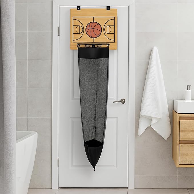 Oversized Basketball Laundry Hamper with Wooden Backboard – Over the Door Basketball Hoop Laundry Basket for Dirty Clothes, Boys Room Organizer & Fun Clothes Hamper (Wood) - Image 5