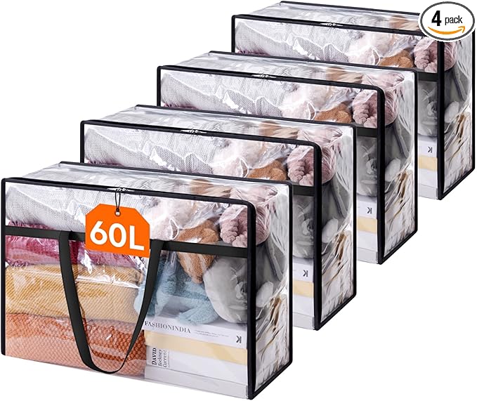 Lifewit 4 Pack Clear Clothes Storage Bags, 60L Plastic Blanket Storage Bag, Vinyl Foldable Moving Bags with Zipper, Closet Organizers and Storage Containers for Bedding, Duvet, Comforter by Lifewit