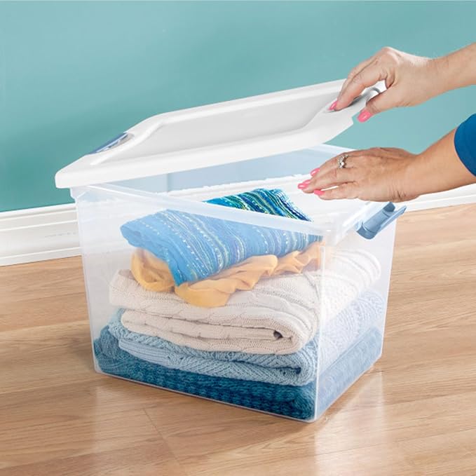 Sterilite 25 Quart Latching Box, Clear Plastic Storage, White, 6 Pack | Heavy-Duty and Stackable Plastic Containers with Latches for Closet, Cabinet, Bedroom, Bathroom and Dorm Room Organization - Image 8
