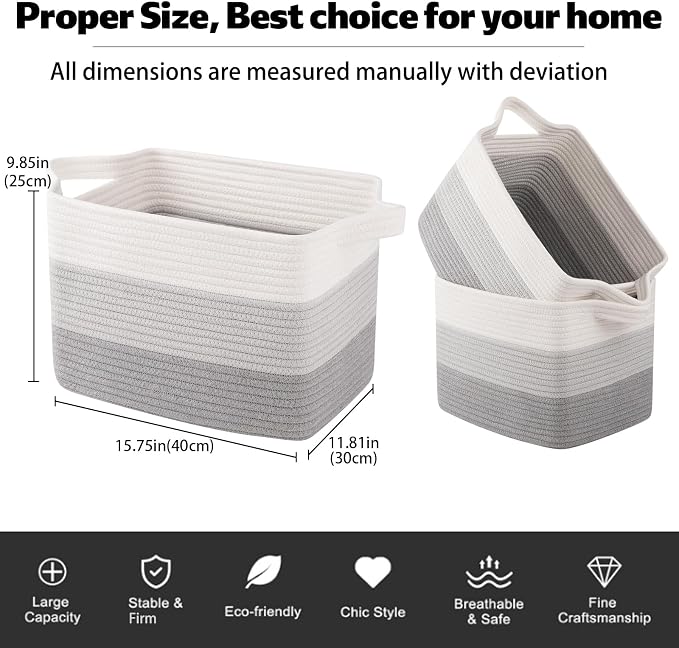 OIAHOMY Woven Storage Basket, Cotton Rope Baskets for Toys,Towel, Clothes, Used to Bathroom,Living Room,Nursery,Bedroom, 16"x12"x10"- Pack of 3, Gradient Gray - Image 3