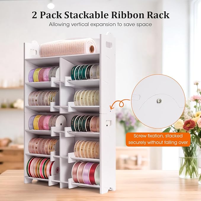 Krafetto 2 Pack Stackable Ribbon Organizer for Spools up to 4 Inches | Desktop and Wall-Mount Storage Keeps Small Ribbon Rolls Visible and Organized - Image 3