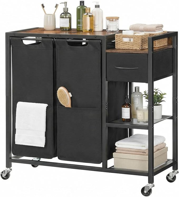 HOOBRO 2 Section Laundry Sorter with Shelf, 24 Gal. (90.8 L) Laundry Hamper with Wheels, Rolling Laundry Basket with Fabric Drawer, 3-Tier Shelves, Side Pockets, Black and Rustic Brown BF27XY01 by HOOBRO
