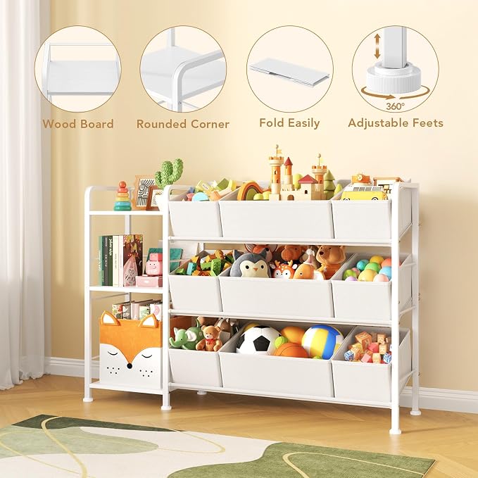 BBLIKE Kids Bookshelf and Toy Storage Organizer with 9 Removable Fabric Bins, Toddler Book Shelf & Stuffed Animal Storage Rack for Playroom, Bedroom, Nursery, White - Image 8