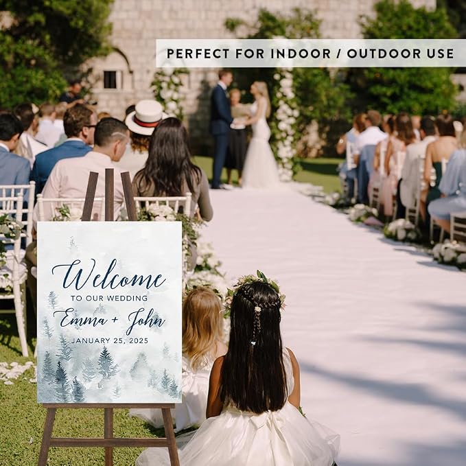 Andaz Press Custom Large Canvas Wedding Guest Book Alternative, 16 x 20 Inches, Winter White Watercolor Forest Vertical Personalized Sign Our Canvas Guest Book Signs For Wedding Rustic Woodland Theme - Image 5