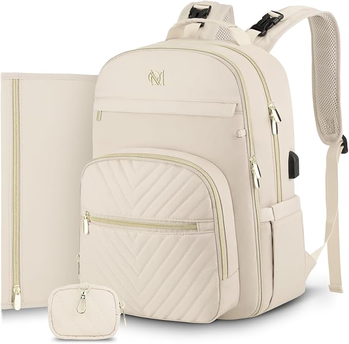 Diaper Bag Backpack, Quilted Baby Bag with Changing Pad and Stroller Straps and Pacifier Case, Multifunction Waterproof Travel Diaper Bags, Unisex, Beige by MOMUVOOFFICIAL