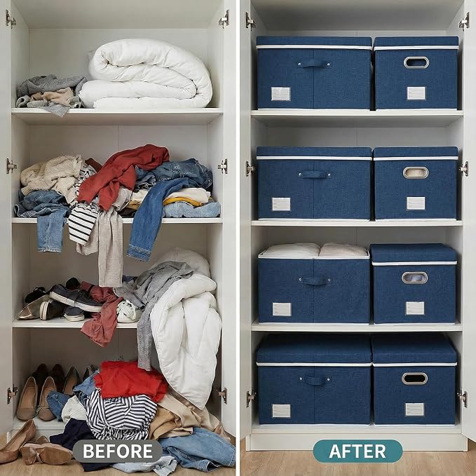 Storage Bins with Lids [3-Pack] Linen Fabric Foldable Storage Boxes Organizer Containers Baskets Cube with Cover for Bedroom Closet Office Royal Blue(23.4X15.9X11.4) - Image 5