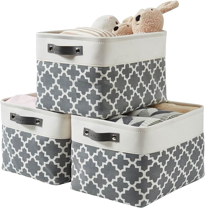 DECOMOMO Storage Bins, Large Fabric Storage Baskets for Shelves 3 Pack | 15 x 11 x 9.5 inches Decorative Linen Closet Organizers with Handles(Grey Patterns) by DECOMOMO